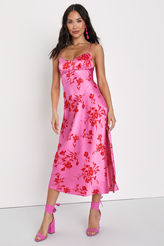 Pink Floral Midi Dress - Satin Midi Dress - Pink Tie-Back Dress