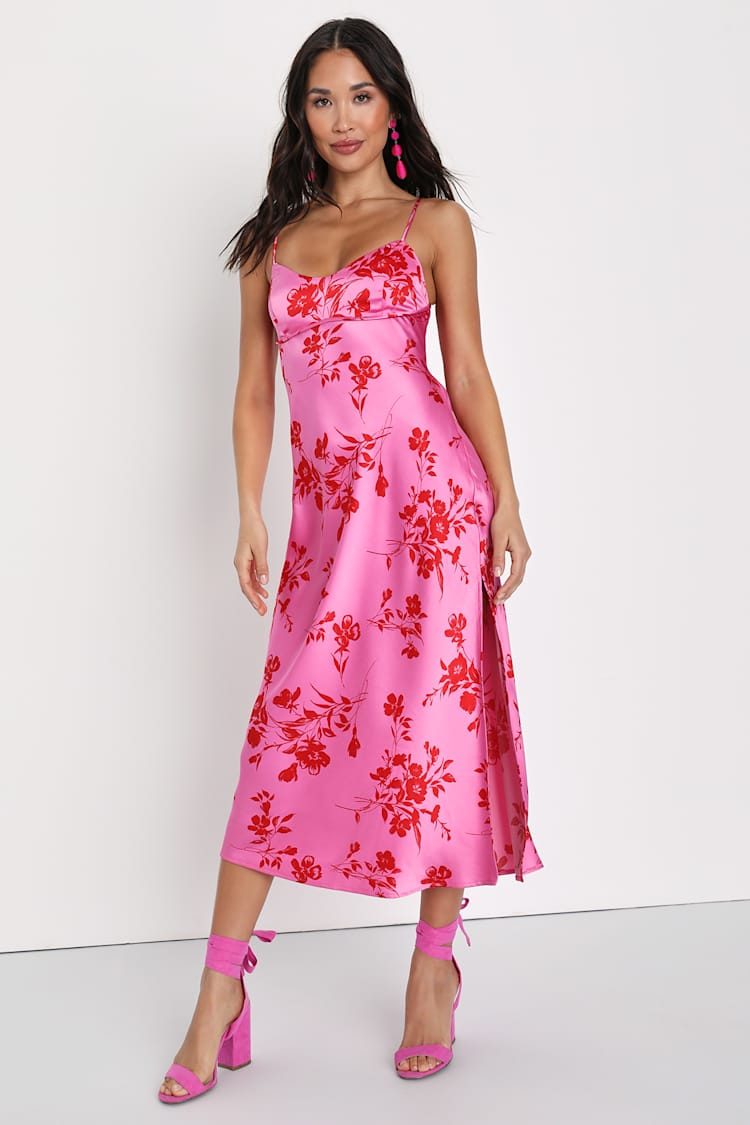 Pink Floral Print Dress - Satin Midi Dress - Surplice Dress - Lulus