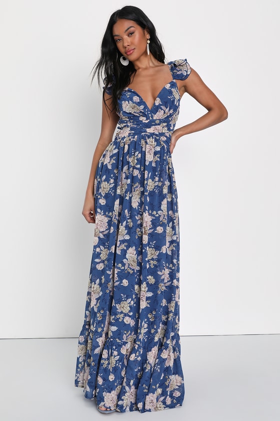 Lulus Soiree Celebration Blue Floral Ruffled Lace-up Maxi Dress