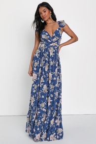 Soiree Celebration Blue Floral Ruffled Lace-Up Maxi Dress