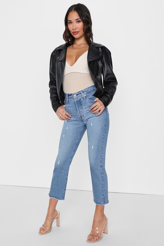 Black Moto Jacket - Vegan Leather Jacket - Puff Shoulder Jacket - Lulus