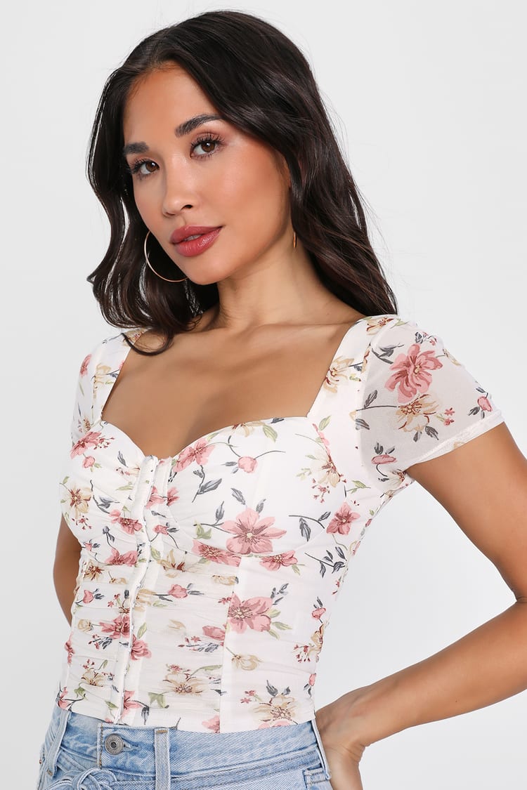 Gå glip af apotek couscous Ivory Floral Print Top - Mesh Bustier Top - Short Sleeve Crop Top - Lulus