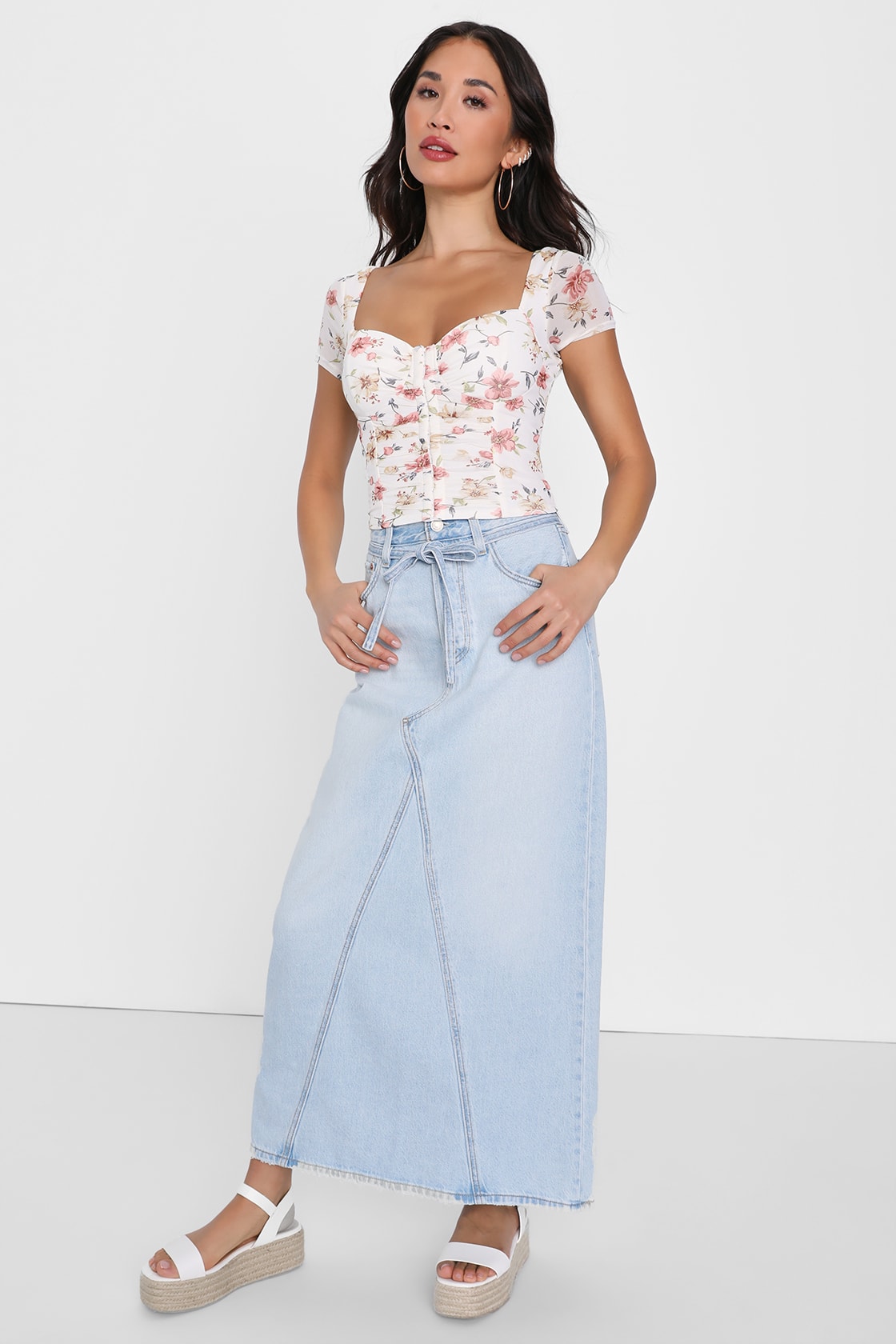Sweeter Vibes Ivory Floral Mesh Short Sleeve Bustier Crop Top