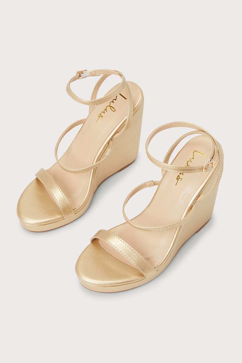 Gold Wedge Sandals - Shiny Wedge Sandals - Ankle Strap Sandals - Lulus