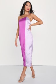 Flirty Intentions Purple Satin Color Block Midi Dress