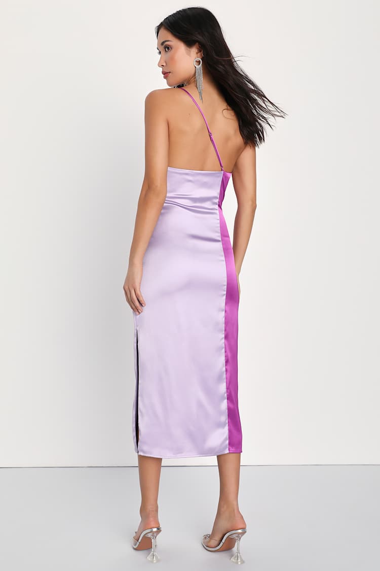 Flirty Intentions Purple Satin Color Block Midi Dress