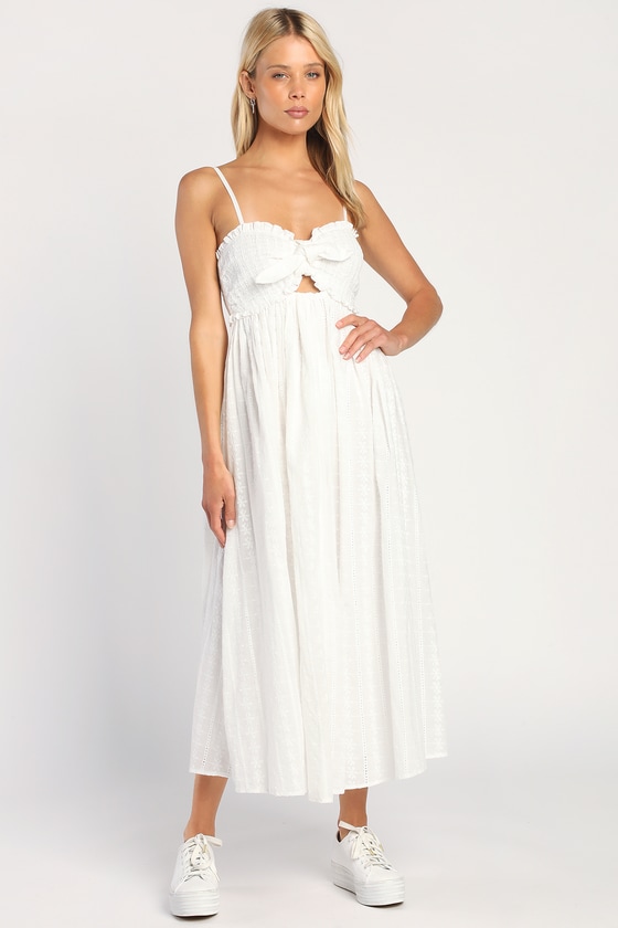 White Smocked Midi Dress - Embroidered Sundress - Tie-Front Dress - Lulus