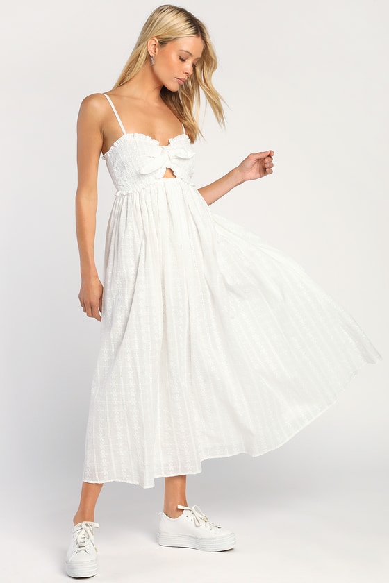 White Smocked Midi Dress - Embroidered Sundress - Tie-Front Dress - Lulus