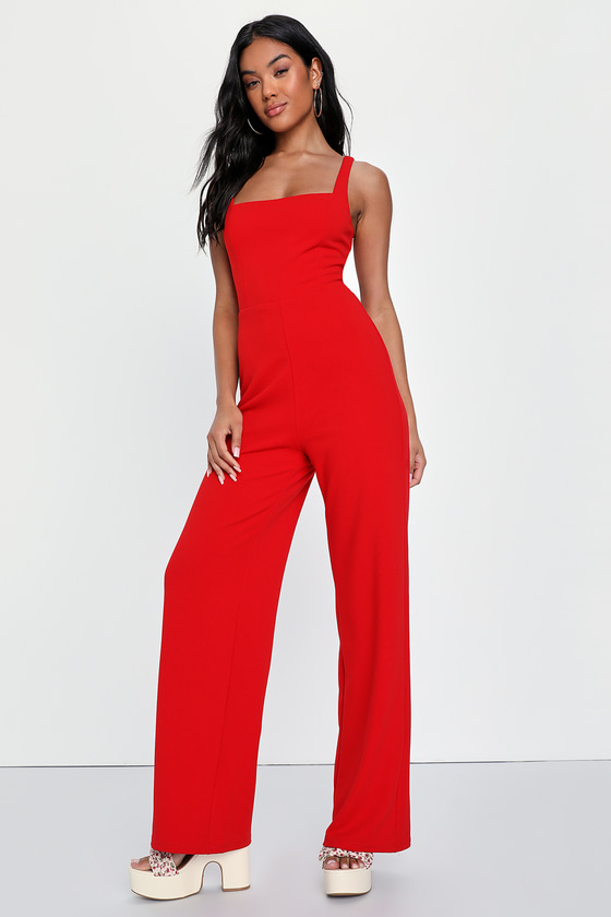 Lulus Impressive Moment Red Square Neck Wide-leg Jumpsuit