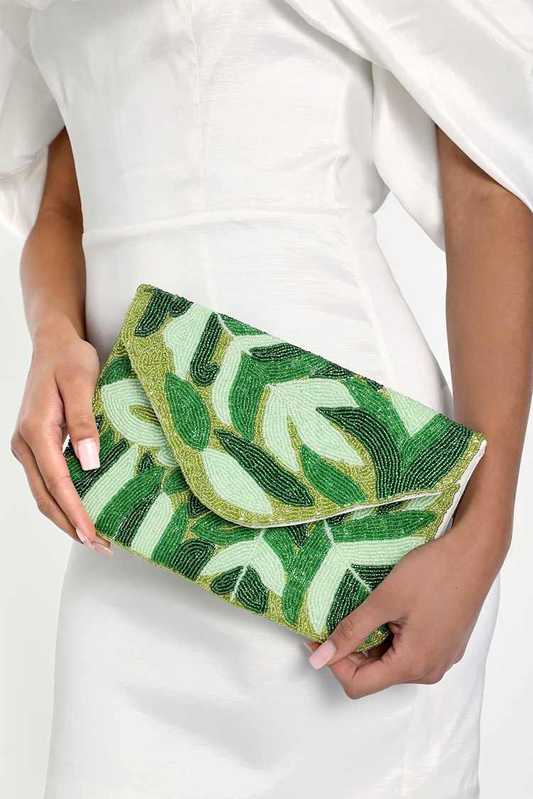 Tropical Subject Green Leaf Beaded Clutch