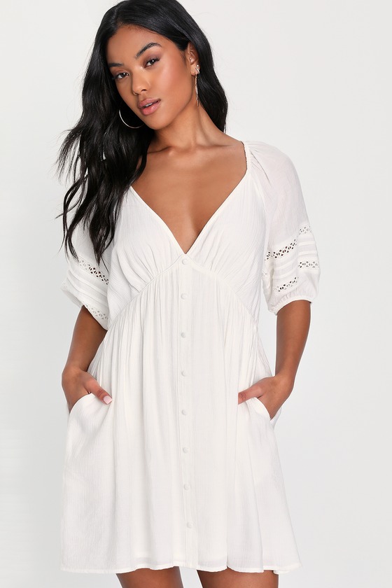 Look to Love White Crochet Button-Front Mini Dress With Pockets