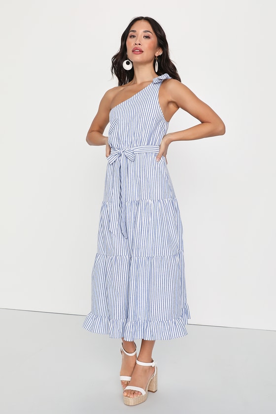 Lulus Gleeful Getaway Blue And White Striped One-shoulder Midi Dress