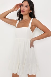 Darling Perfection White Tiered Tie-Back Mini Skater Dress