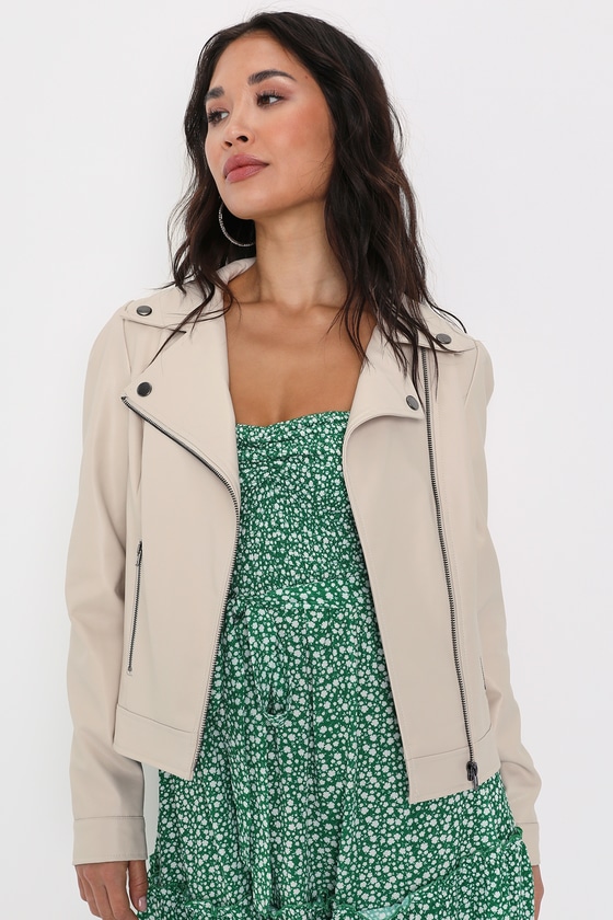 Lulus Pretty Powerful Beige Vegan Leather Puff Sleeve Moto Jacket