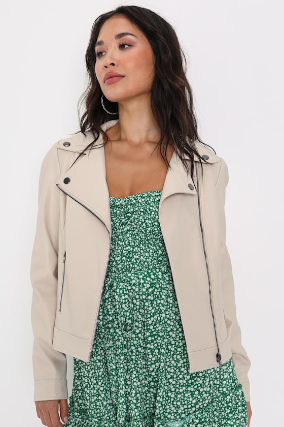 Pretty Powerful Beige Vegan Leather Puff Sleeve Moto Jacket 1
