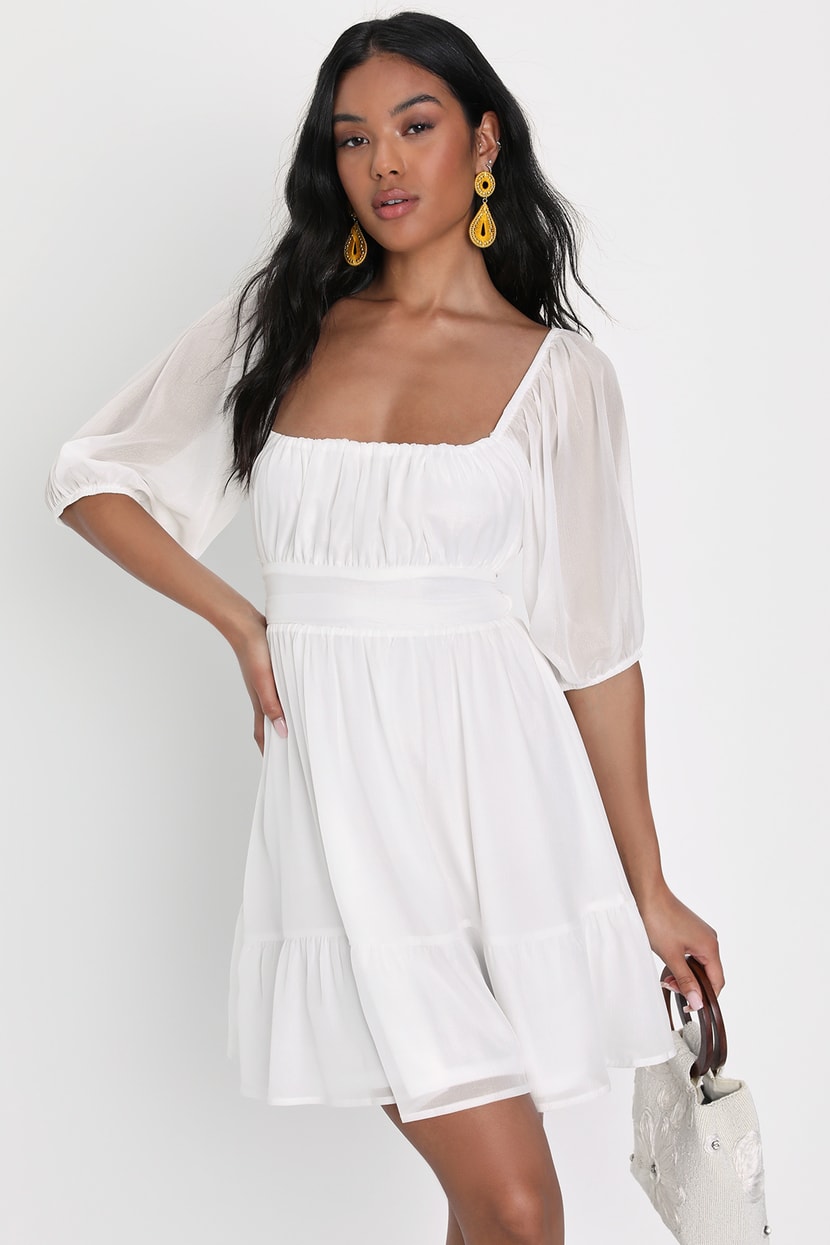 Ethereal Arrival White Puff Sleeve Tie-Back Chiffon Mini Dress