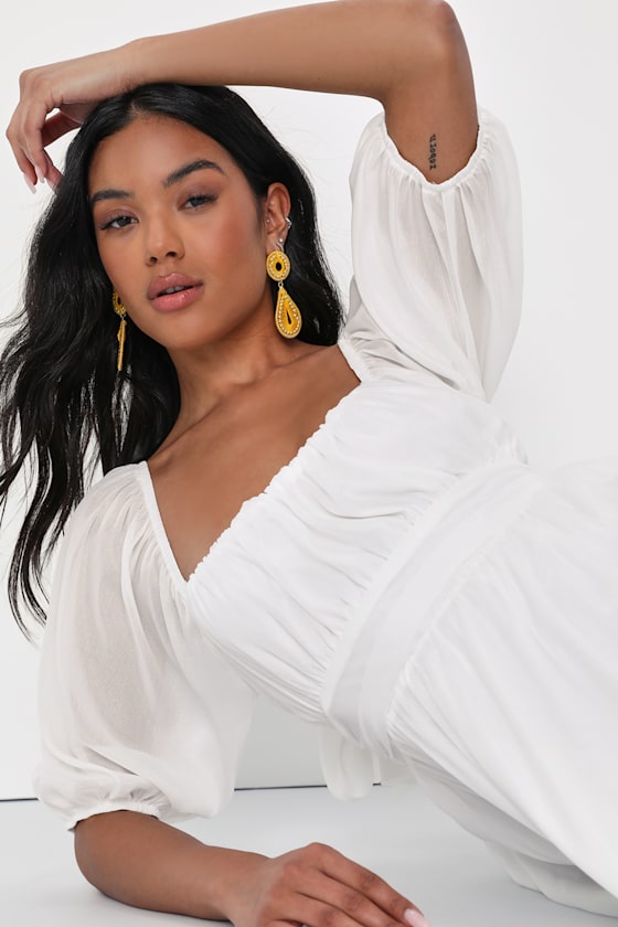 Ethereal Arrival White Puff Sleeve Tie-Back Chiffon Mini Dress - thumbnail 4