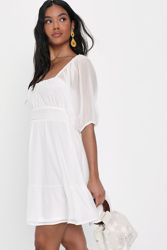 Ethereal Arrival White Puff Sleeve Tie-Back Chiffon Mini Dress - thumbnail 5