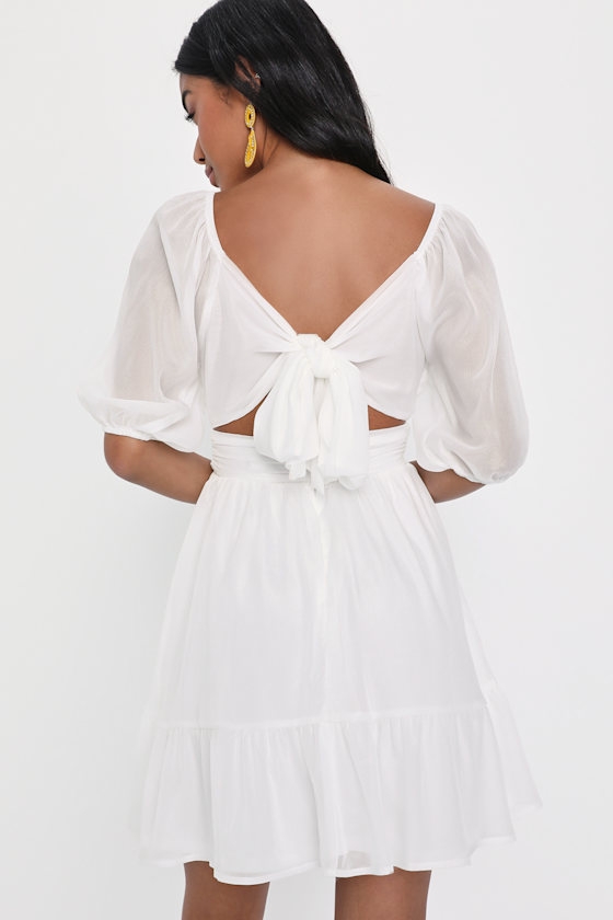Ethereal Arrival White Puff Sleeve Tie-Back Chiffon Mini Dress - thumbnail 3