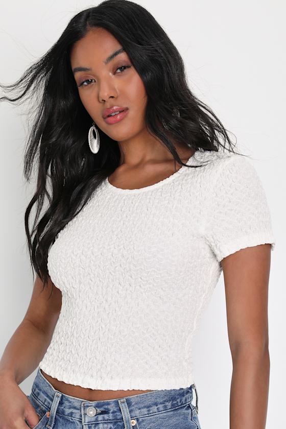 Ivory Textured Top - Crinkle Top - Short Sleeve Tee