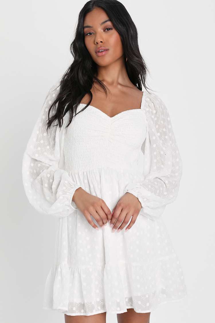 White Mini Dress - Balloon Sleeve Dress - Pierced Eyelet Dress - Lulus
