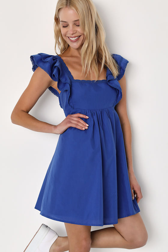 Cobalt Blue Mini Dress Ruffled Mini Dress Square Neck Dress Lulus