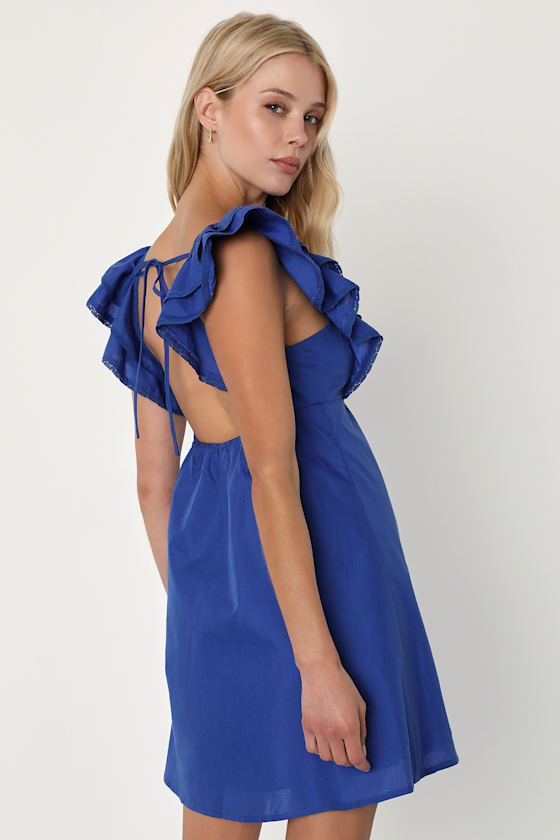 Cobalt Blue Mini Dress Ruffled Mini Dress Square Neck Dress Lulus