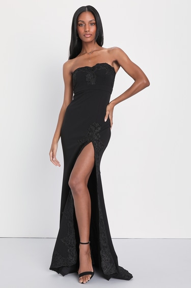 Twyla Black Embroidered Strapless Maxi Dress