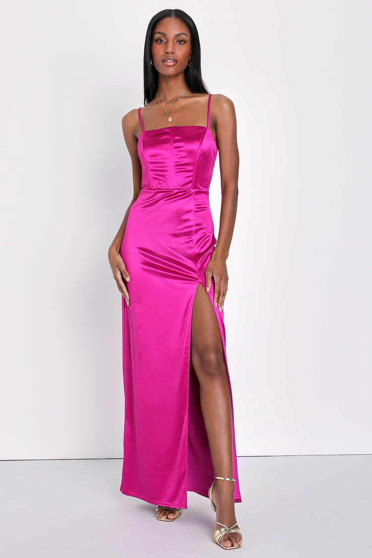 Magenta Backless Dress - Satin Maxi Dress - Bustier Maxi Dress - Lulus