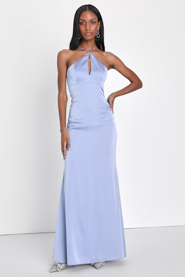 Lustrous Love Dusty Blue Satin Halter Cutout Mermaid Maxi Dress