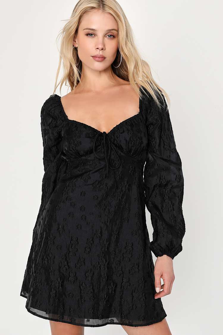 Black Burnout Floral Dress - Mini Babydoll Dress- Jacquard Dress - Lulus
