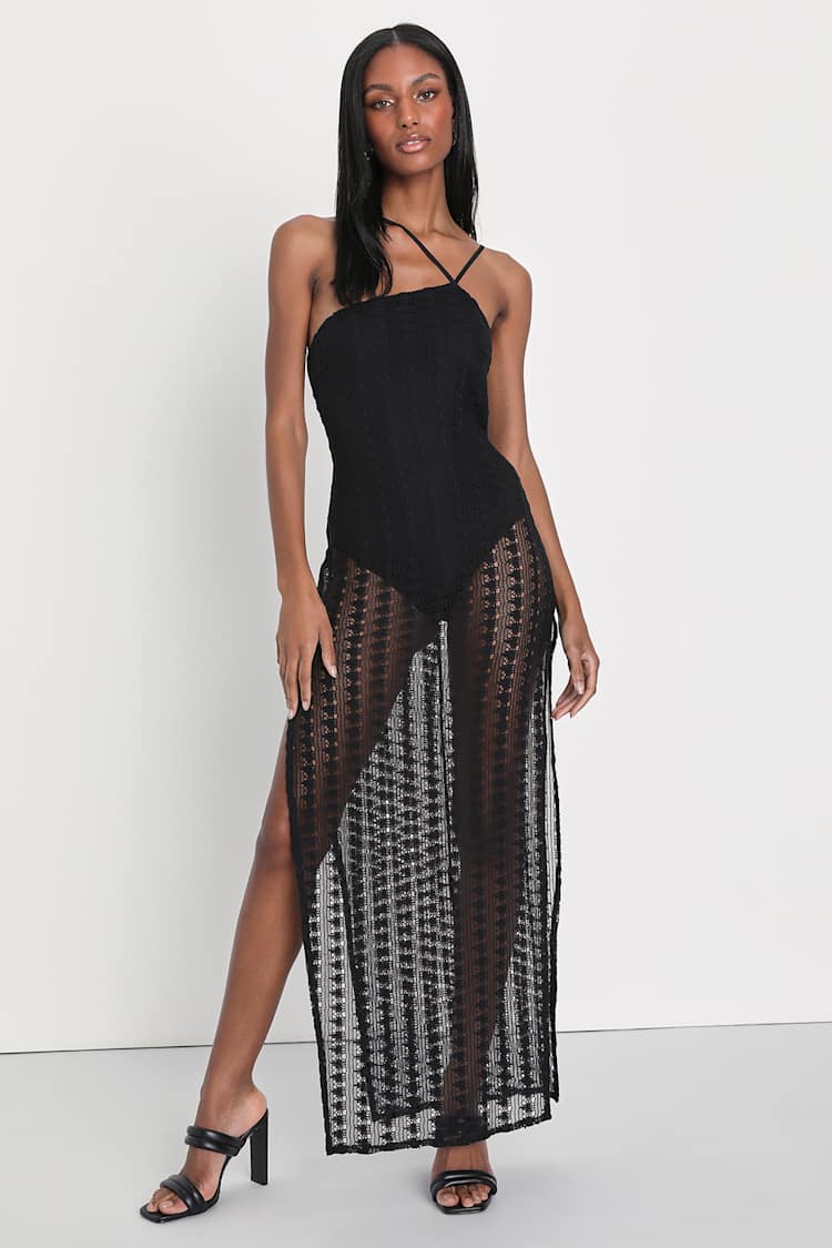 Black Crochet Midi Dress - One-Shoulder Dress - Bodysuit Dress - Lulus