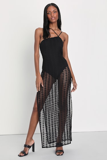 Sheer Stunner Black Crochet One-Shoulder Midi Bodysuit Dress