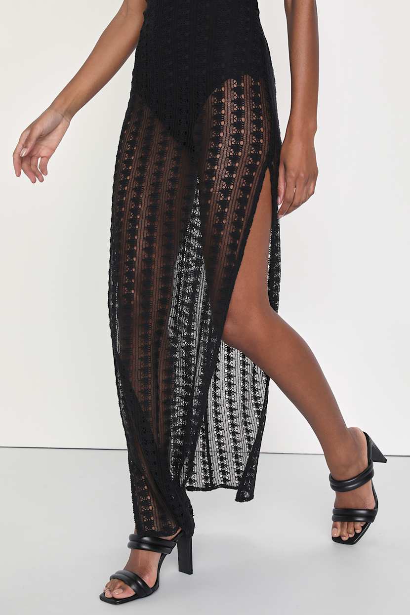 black crochet one shoulder dress Rayna Crochet One Shoulder Maxi Dress - Black