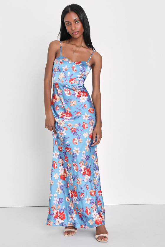 Blue Floral Maxi Dress - Satin Floral Dress - Bustier Dress - Lulus