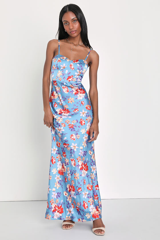 Blue Floral Maxi Dress Satin Floral Dress Bustier Dress Lulus
