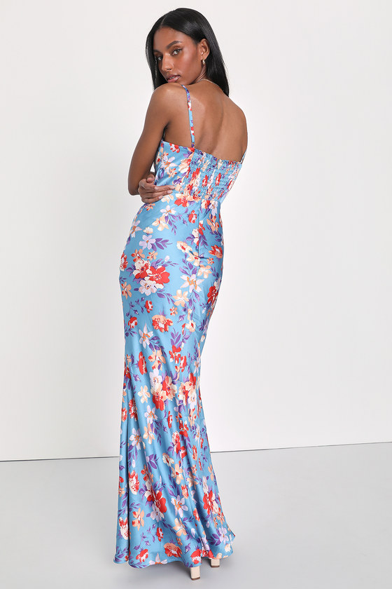 Blue Floral Maxi Dress - Satin Floral Dress - Bustier Dress - Lulus