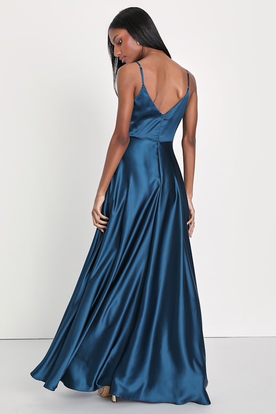 Shades of Love Teal Blue Satin Faux-Wrap Maxi Dress 4