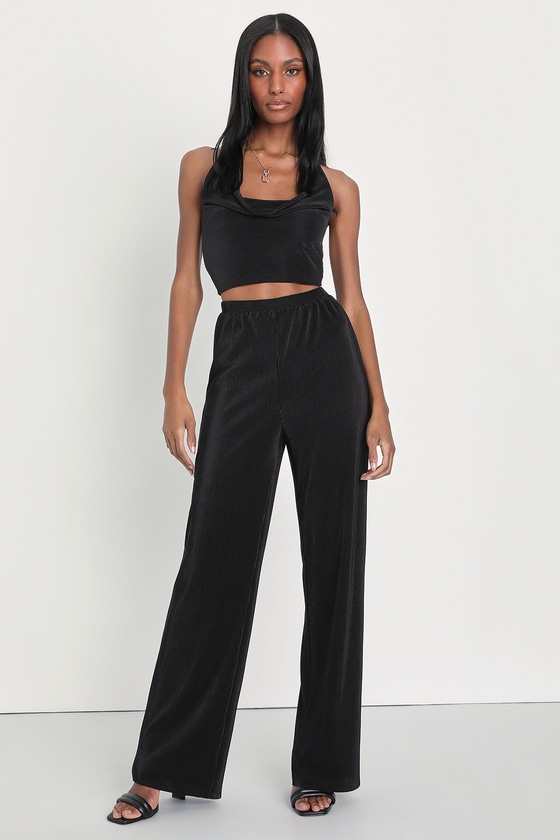 Lulus Flirty Approach Black Plisse Wide-leg Halter Two-piece Jumpsuit