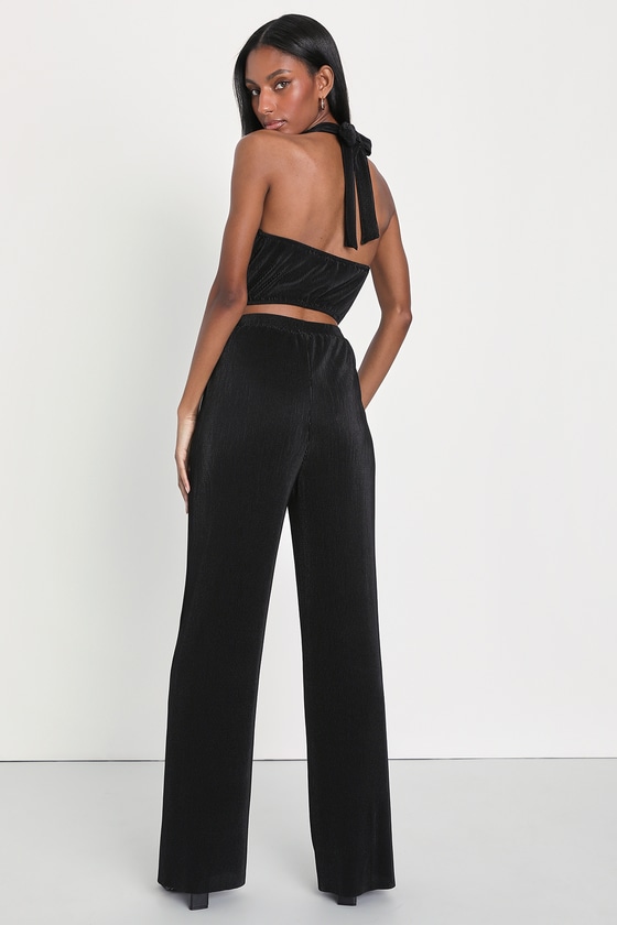 Black Plisse Jumpsuit - 2-Piece Jumpsuit - Cowl Neck Jumpsuit - Lulus