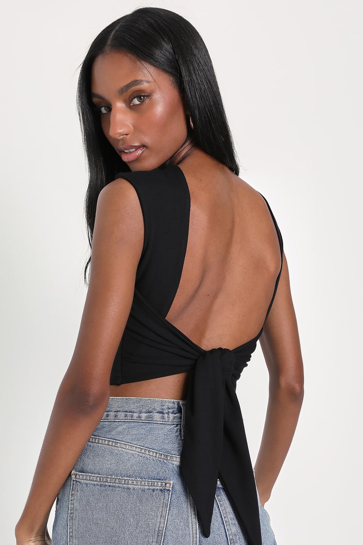 Black Backless Crop Top - Tie-Back Sleeve - Backless Top -