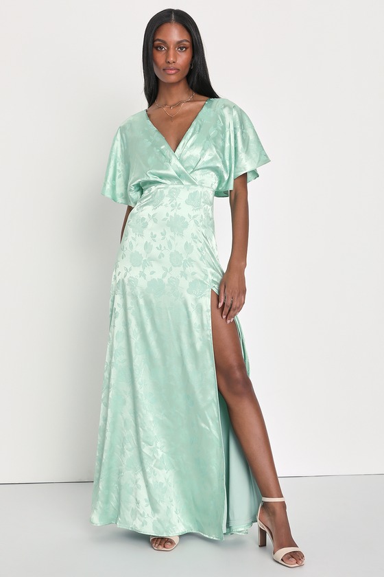 Lulus Lovely Admiration Sage Green Satin Floral Jacquard Maxi Dress