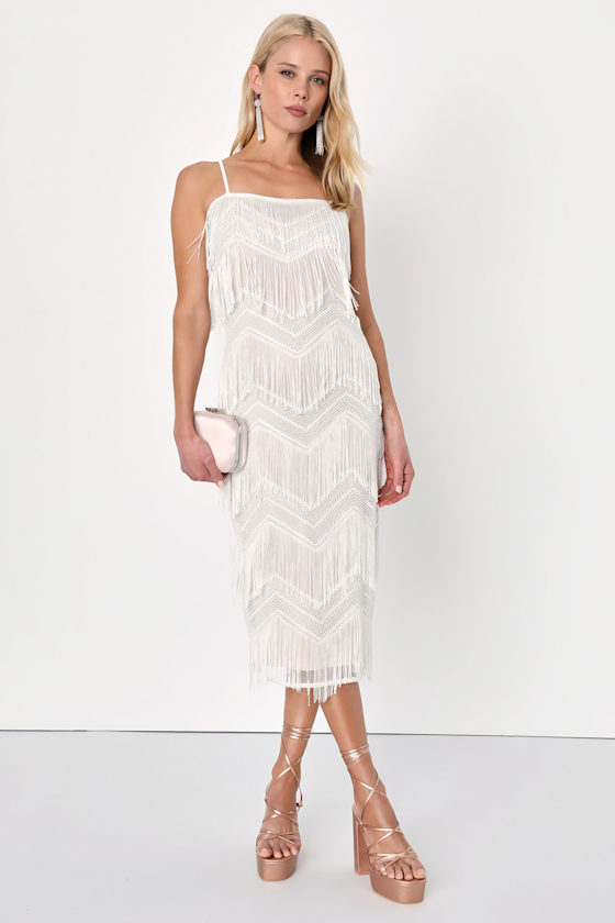 Shimmy All Night White Sequin Fringe Sleeveless Midi Dress 1