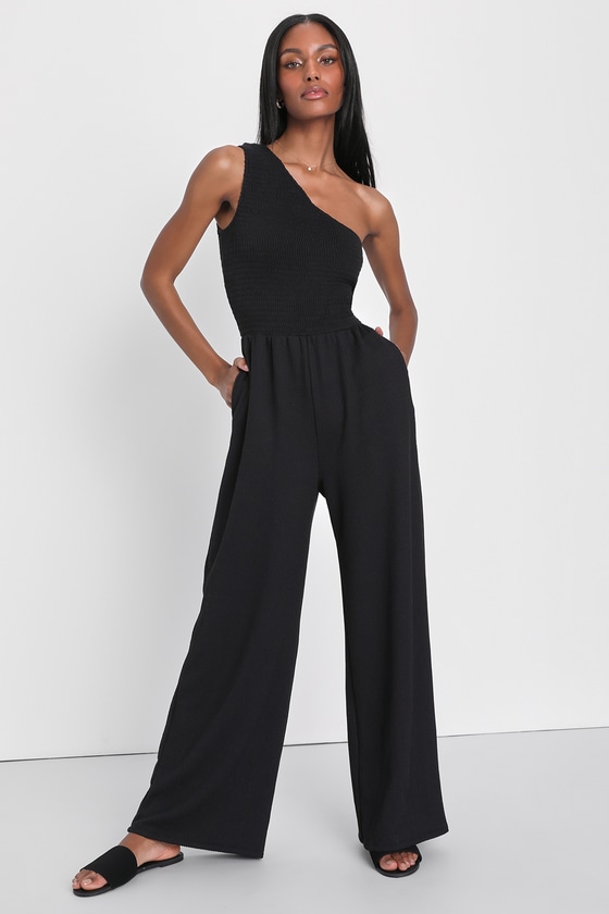 Smocked Jumsuit - Knit Jumpsuit - BLack One-Shoulder Jumpsuit - Lulus