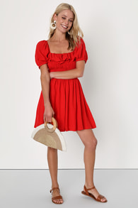 Daytime Delight Red Smocked Puff Sleeve Mini Dress