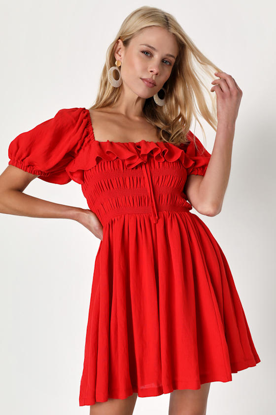 Daytime Delight Red Smocked Puff Sleeve Mini Dress 1