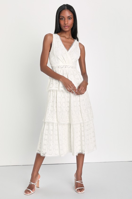 Lulus Tier To Celebrate White Lace Tiered Surplice Midi Dress