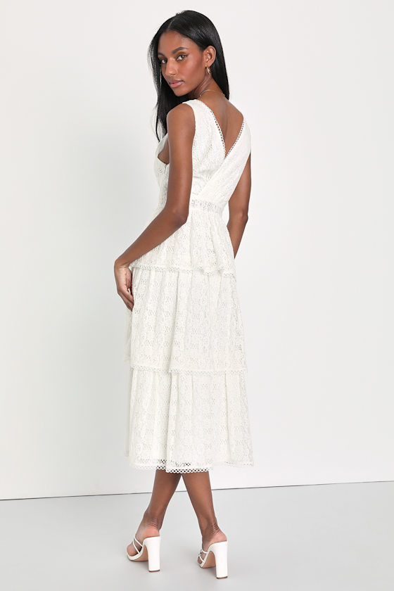 Tier to Celebrate White Lace Tiered Surplice Midi Dress 4