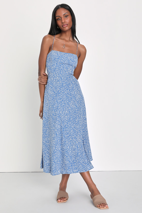 Lulus Charming Dedication Blue Floral Sleeveless Lace-up Midi Dress