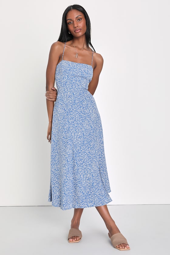 Charming Dedication Blue Floral Sleeveless Lace-Up Midi Dress 1